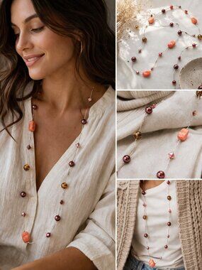 Earthy Multi-Bead 30" Silver Wire Statement Necklace